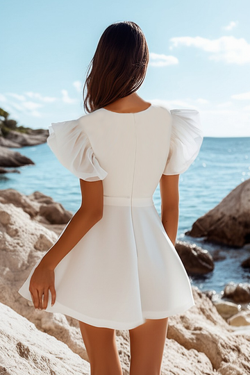White Ruffle Sleeve V-Neck Graduation Dress